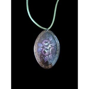 Vintage Russian Hand Painted Lacquered Oval Pendant/Necklace Sterling Clasp